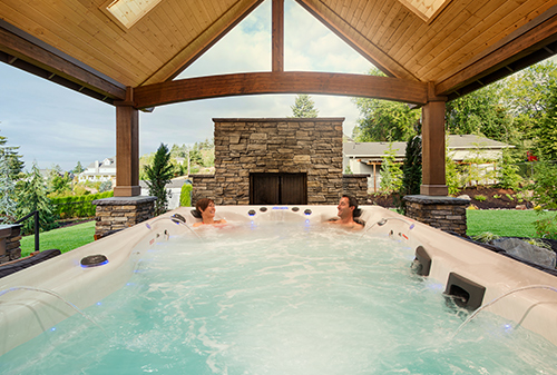 Swim spa installation under a canopy outside